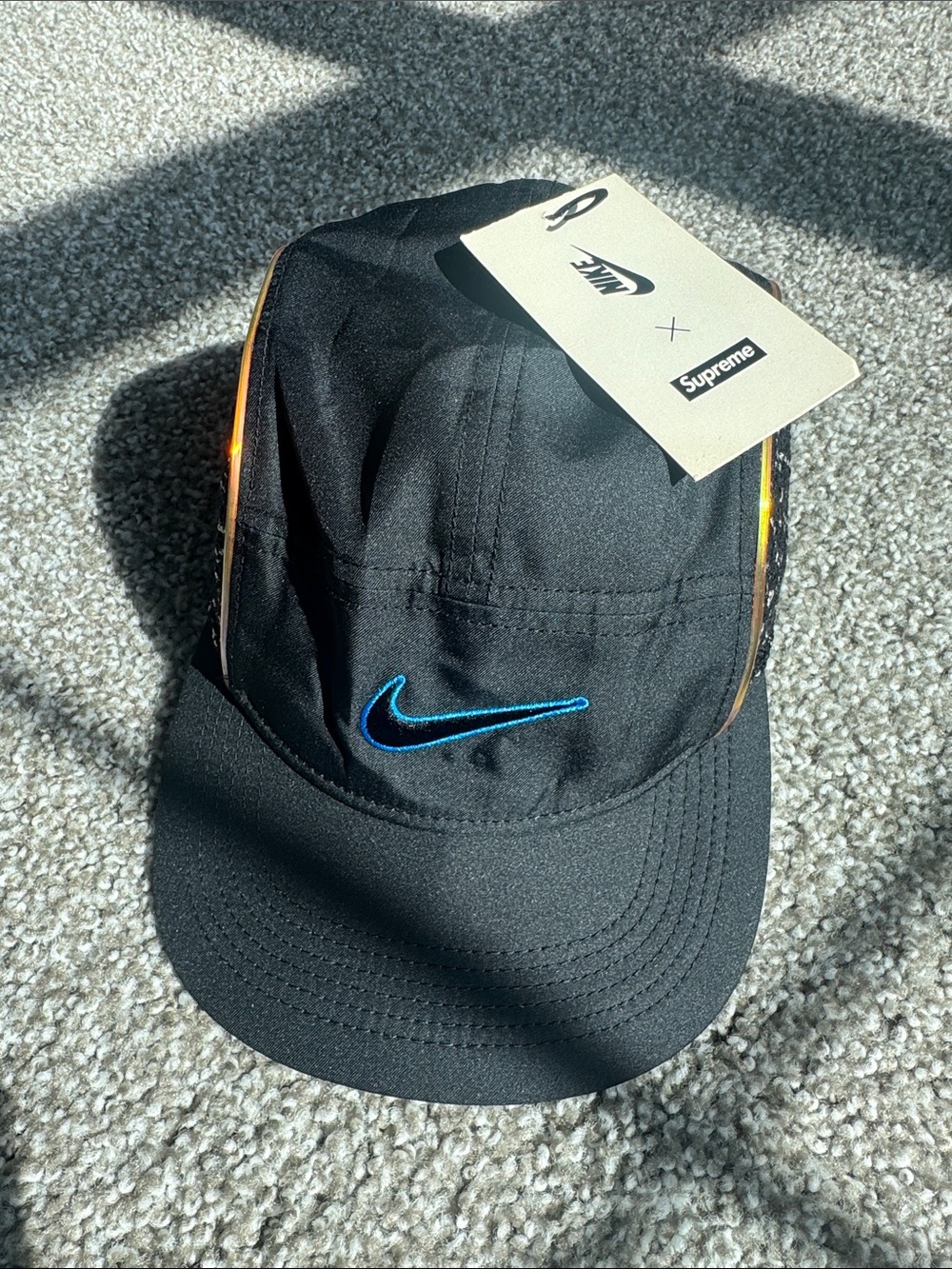 Nike x Supreme Collaboration Black Cap with Blue Swoosh/Metallic Side Trim/Tweed